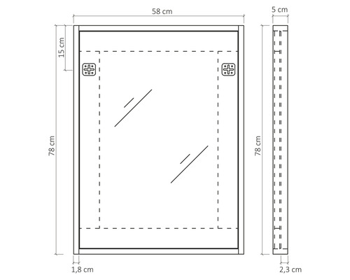 Technický nákres zrkadla s rozmermi 58 x 78 centimetrov