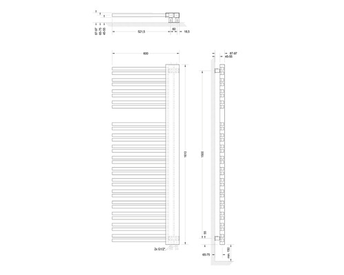 Technický nákres radiátora s rozmermi pre inštaláciu