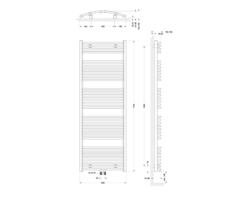Technický nákres radiátora s rozmermi