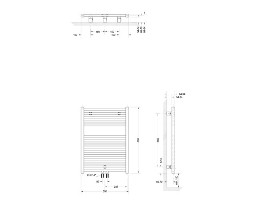 Technický nákres radiátora s rozmermi