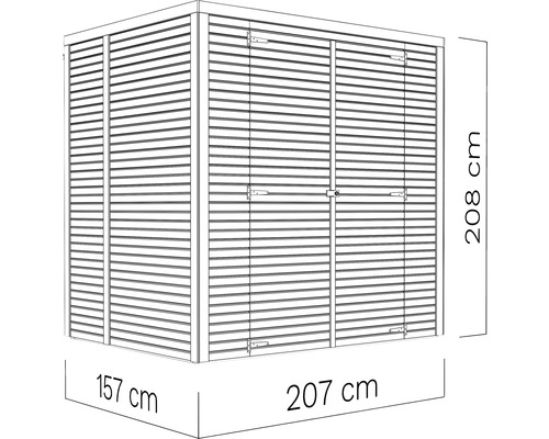 Ilustrácia záhradného domčeka s rozmermi 207 x 157 x 208 centimetrov