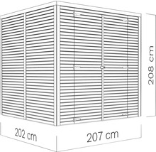Obrázok záhradného domčeka s rozmermi 202 cm x 207 cm x 208 cm.
