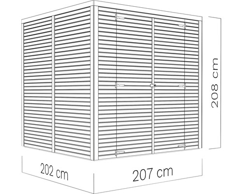 Obrázok záhradného domčeka s rozmermi 202 cm x 207 cm x 208 cm.