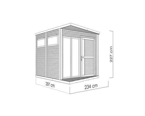 Pohľad zhora na záhradný domček s rozmermi 297 cm, 234 cm a 227 cm