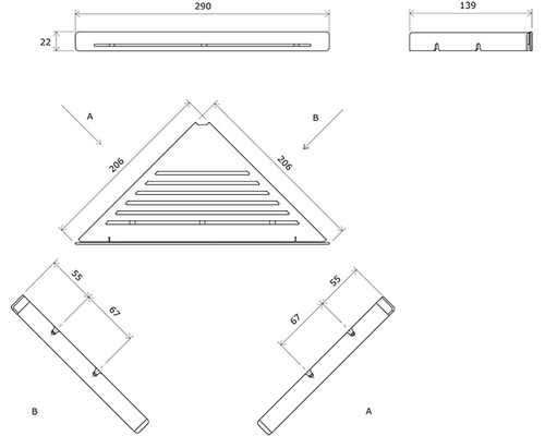 Technický výkres rohovej police s rozmermi.