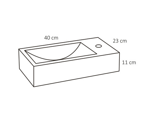 Nákres umývadla s rozmermi 40, 23 a 11 centimetrov