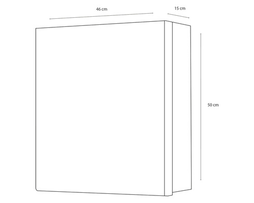 Nákres skrine s rozmermi 46 cm šírka, 50 cm výška a 15 cm hĺbka.