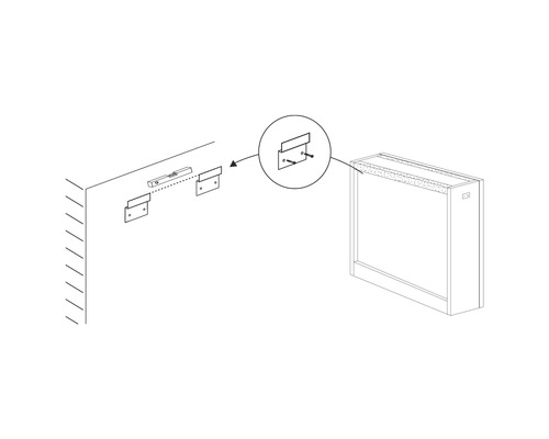 Ilustrácia montáže skrine na stenu pomocou kovania a skrutiek.