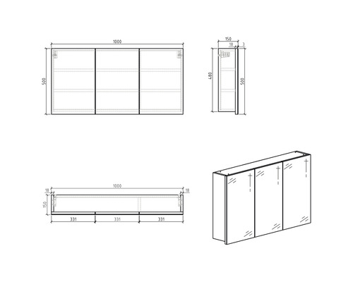 Technický nákres zrkadlovej skrinky s tromi dvierkami a rozmermi
