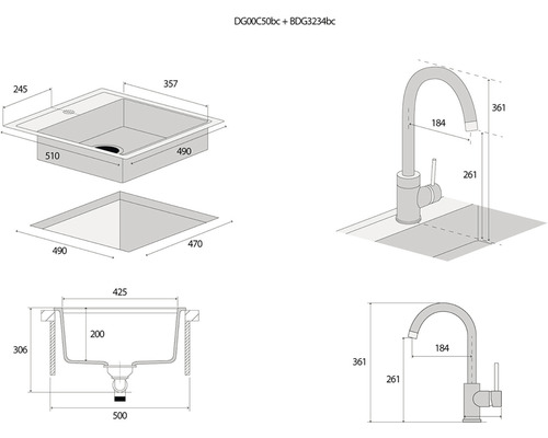 Technický nákres drezu s batériou a rozmermi