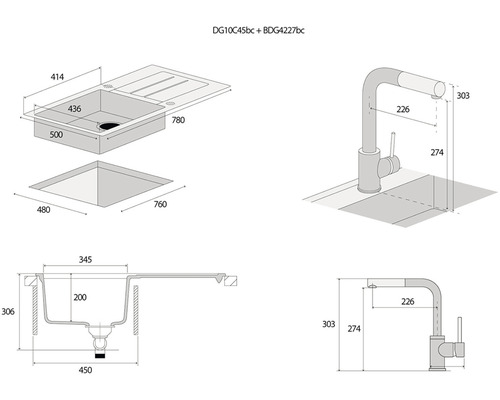 Technický nákres kuchynského drezu s batériou a rozmermi.