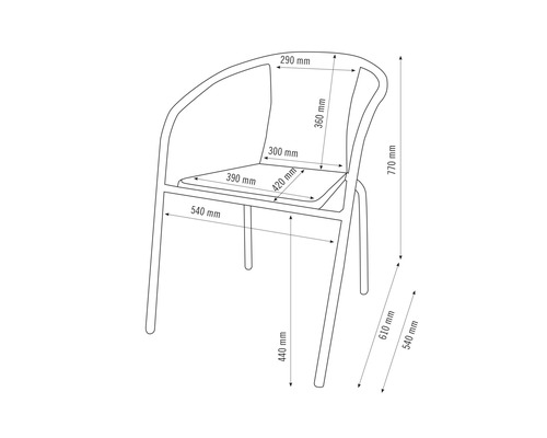 Technický nákres stoličky s rozmermi