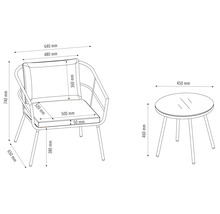 Technický nákres záhradnej nábytkovej súpravy s kreslom a stolom s rozmermi v milimetroch