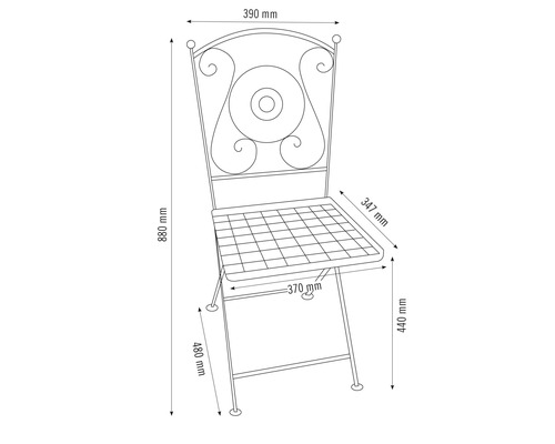 Technický nákres záhradnej stoličky s rozmermi