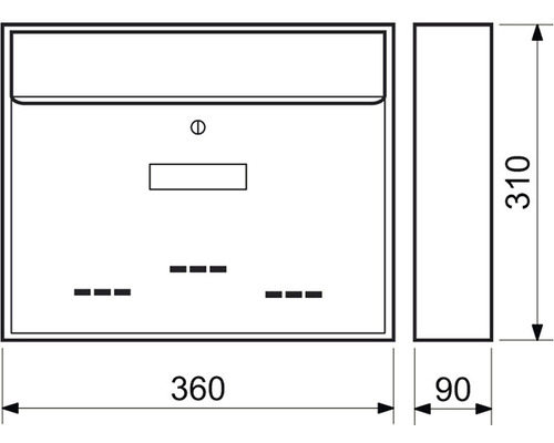 Technický nákres poštovej schránky s rozmermi