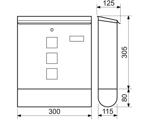Technický nákres poštovej schránky s rozmermi