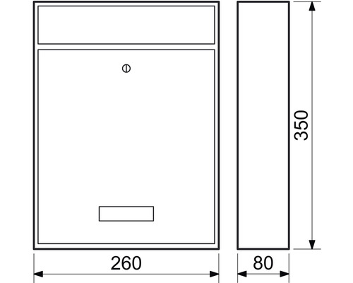 Technický nákres poštovej schránky s rozmermi 260 x 350 x 80 milimetrov