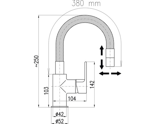 Technický nákres kuchynskej batérie s rozmermi.