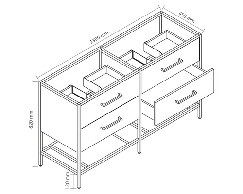 Nákres skrinky pod umývadlo so zásuvkami a rozmermi 1390 mm šírka, 455 mm hĺbka a 820 mm výška