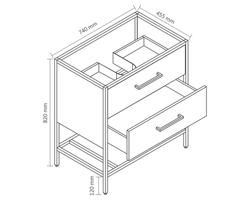 Nákres skrinky pod umývadlo s rozmermi: šírka 740 mm, hĺbka 455 mm a výška 820 mm.