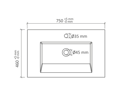Nákres umývadla s rozmermi 750 mm a 460 mm a otvormi s priemermi 35 mm a 45 mm