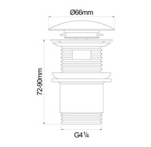 Nákres výpustného ventilu s rozmermi 66 mm v priemere a 72 až 90 mm na výšku