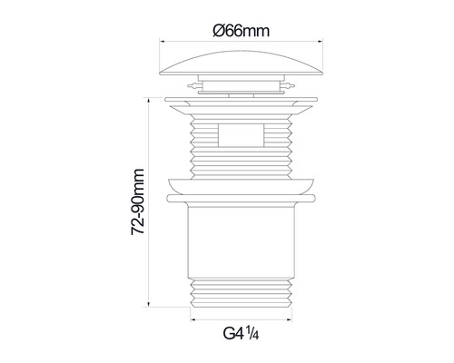 Nákres výpustného ventilu s rozmermi 66 mm v priemere a 72 až 90 mm na výšku