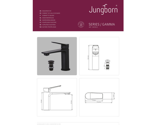 Umývadlová batéria Jungborn Gamma s odtokovou súpravou a rozmermi