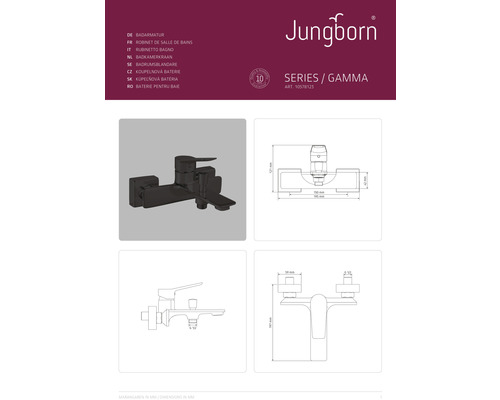 Kúpeľňová batéria Jungborn Séria Gamma s rozmermi
