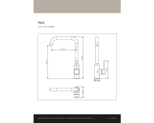 Výkres kuchynskej batérie Fulu s rozmermi