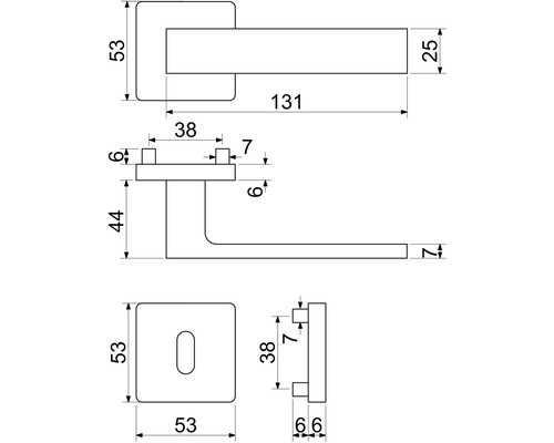 Technický nákres súpravy dverového kovania s rozmermi