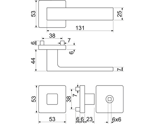 Technický nákres kľučky na dvere s rozmermi