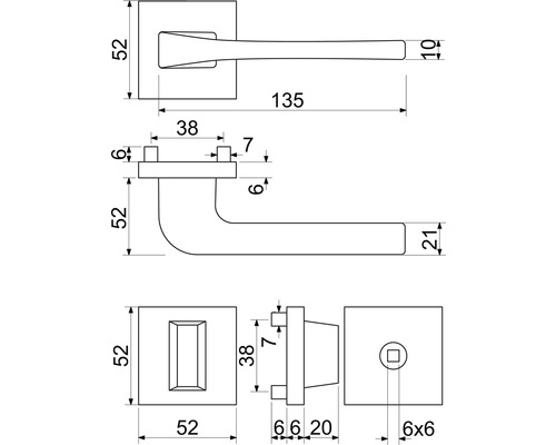 Technický nákres kľučky dverí s rozmermi