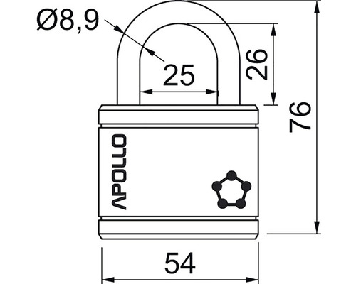 Technický nákres visiaceho zámku Apollo s rozmermi.