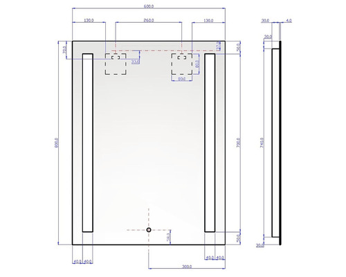 Technický výkres obdĺžnikového zrkadla s rozmermi.