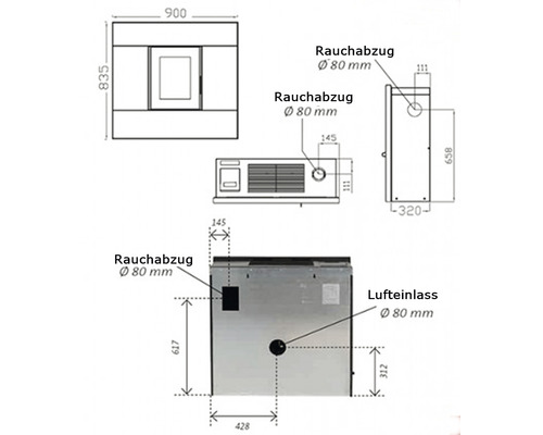 Technický nákres kachlí s rozmermi pre odvod dymu a prívod vzduchu