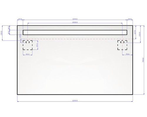 Technický výkres zrkadla s osvetlením a rozmermi