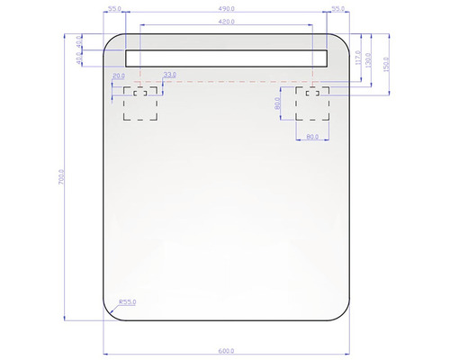 Technický nákres zrkadlovej dosky s rozmermi