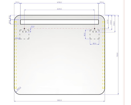Technický nákres zrkadla s rozmermi