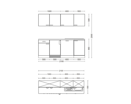 Technický nákres kuchynskej linky s rozmermi
