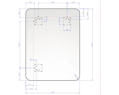 Technický nákres zrkadla s rozmermi
