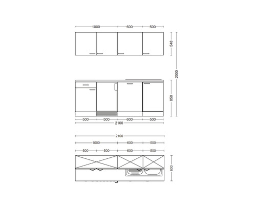 Nákres kuchynskej linky s rozmermi
