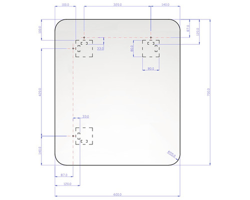 Technický nákres zrkadla s rozmermi