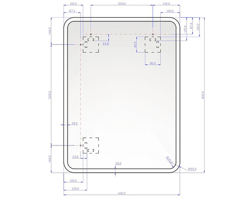 Technický nákres s rozmermi a montážnymi bodmi