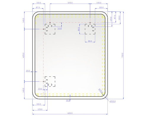 Technický výkres s rozmermi obdĺžnikového objektu so zaoblenými rohmi