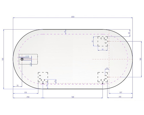 Nákres oválnej vane s rozmermi