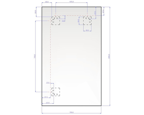 Technický nákres dosky s rozmermi pre otvory