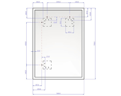 Technický nákres zrkadla s rozmermi