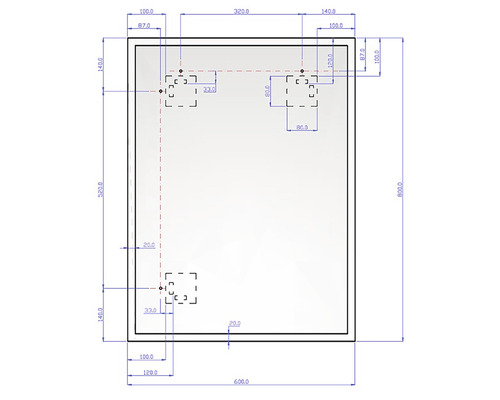 Technický výkres s rozmermi obdĺžnikového objektu, vrátane montážnych bodov