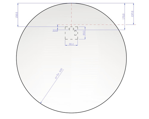 Technický nákres kruhu so štvorcovým výrezom a rozmermi